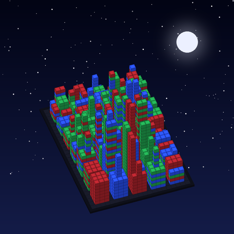 métropole de briques rouges, vertes et bleues vue du dessus sous un ciel de nuit, gratte-ciel en gradins, générée par rvbbot